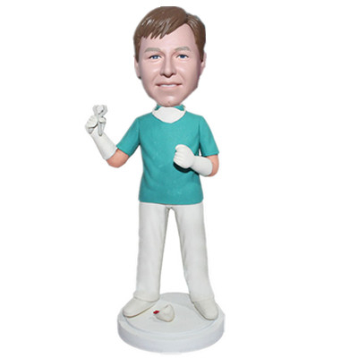 Dentista personalizado Bobble Head Dentist en bata de laboratorio con aparato de limpieza