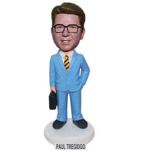رجل Bobblehead مخصص من Male Boss يرتدي بدلة زرقاء مع حقيبة
